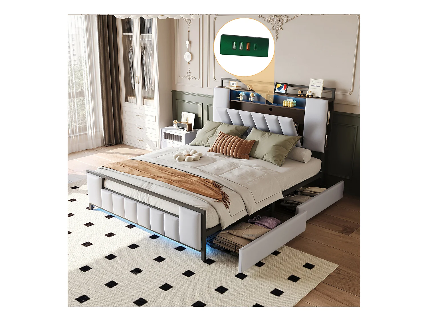 Lit 160 x 200 cm Multifonction avec LED, Port USB, Tiroirs, Cadre en Fer, en Similicuir Blanc