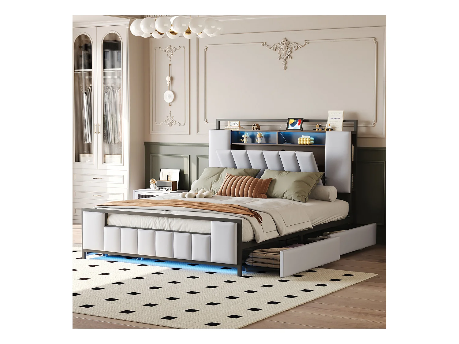 Lit 160 x 200 cm Multifonction avec LED, Port USB, Tiroirs, Cadre en Fer, en Similicuir Blanc