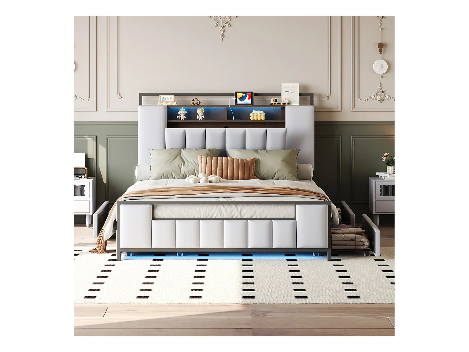 Lit 160 x 200 cm Multifonction avec LED, Port USB, Tiroirs, Cadre en Fer, en Similicuir Blanc