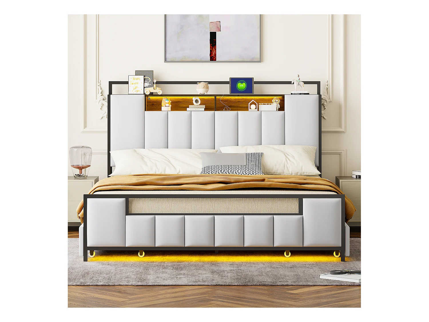 Lit 160 x 200 cm Multifonction avec LED, Port USB, Tiroirs, Cadre en Fer, en Similicuir Blanc