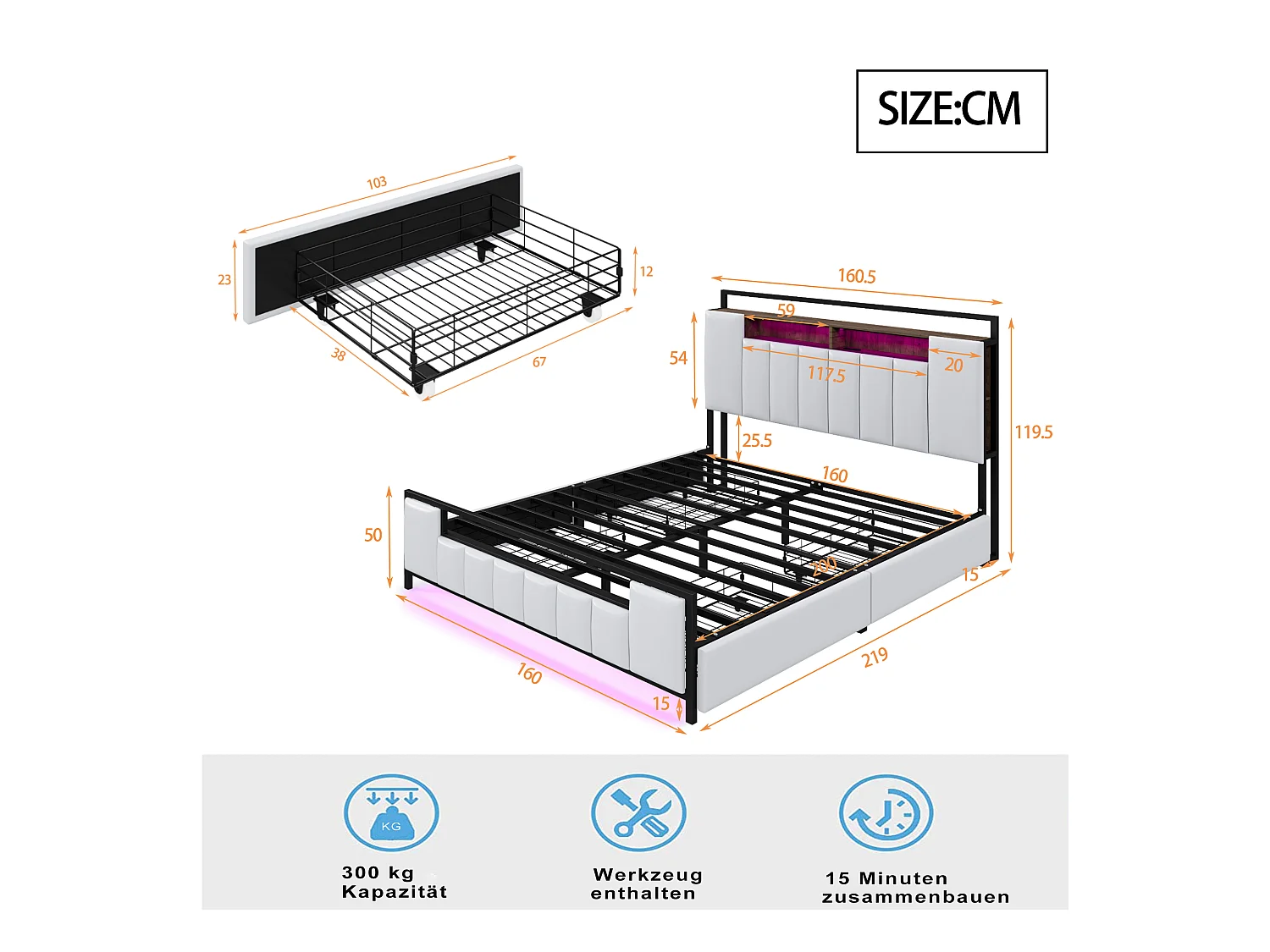 Lit 160 x 200 cm Multifonction avec LED, Port USB, Tiroirs, Cadre en Fer, en Similicuir Blanc