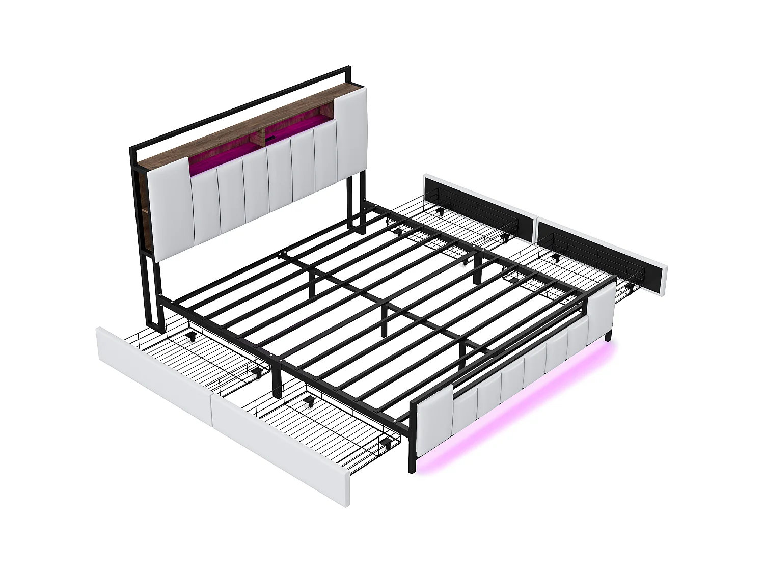 Lit 160 x 200 cm Multifonction avec LED, Port USB, Tiroirs, Cadre en Fer, en Similicuir Blanc
