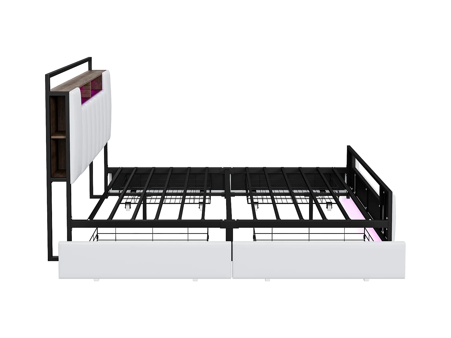 Lit 160 x 200 cm Multifonction avec LED, Port USB, Tiroirs, Cadre en Fer, en Similicuir Blanc