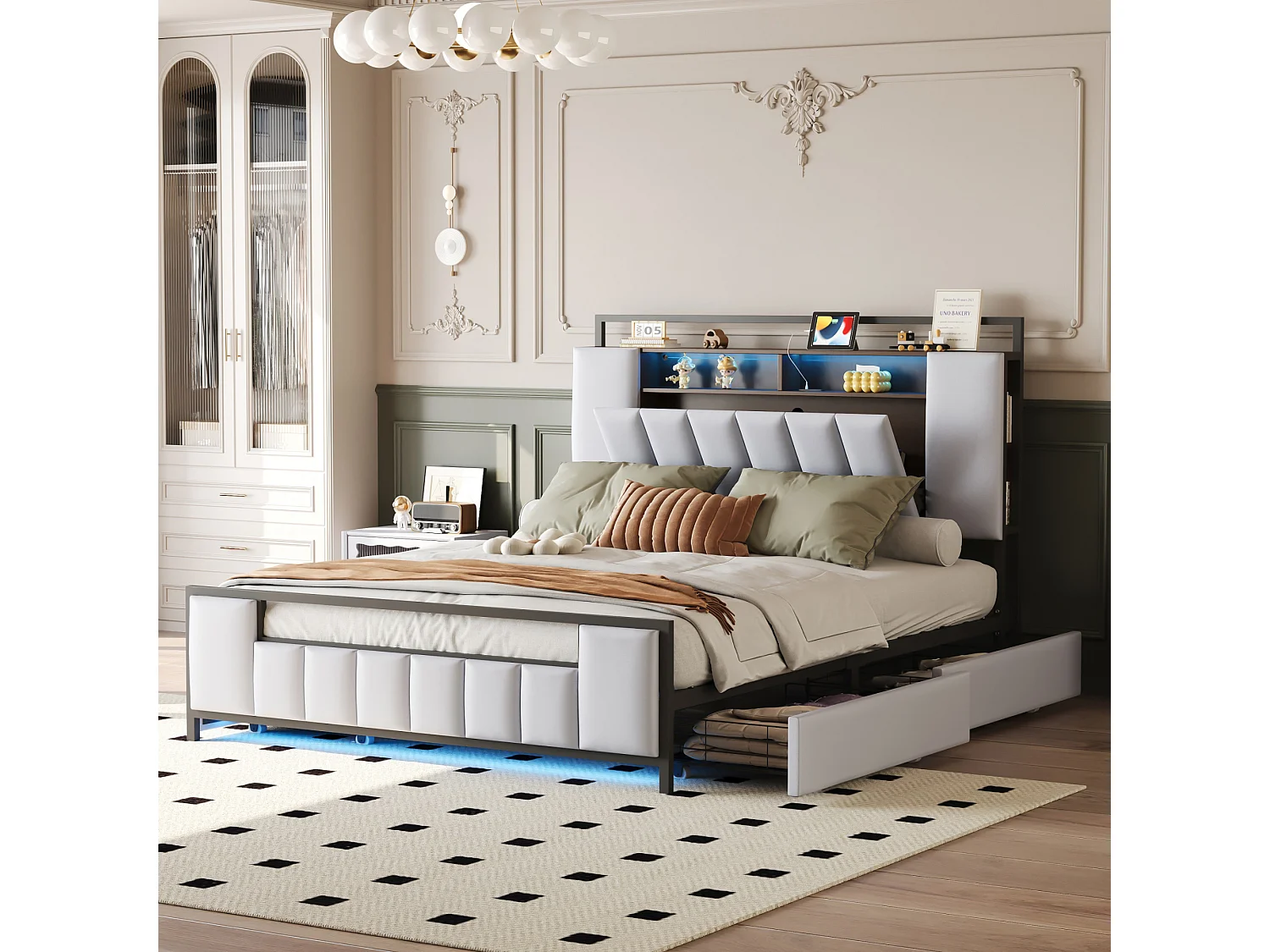 Lit 160 x 200 cm Multifonction avec LED, Port USB, Tiroirs, Cadre en Fer, en Similicuir Blanc