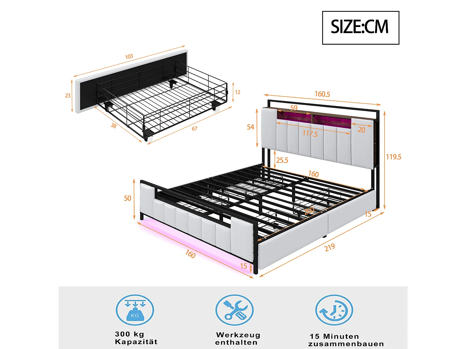 Lit 160 x 200 cm Multifonction avec LED, Port USB, Tiroirs, Cadre en Fer, en Similicuir Blanc