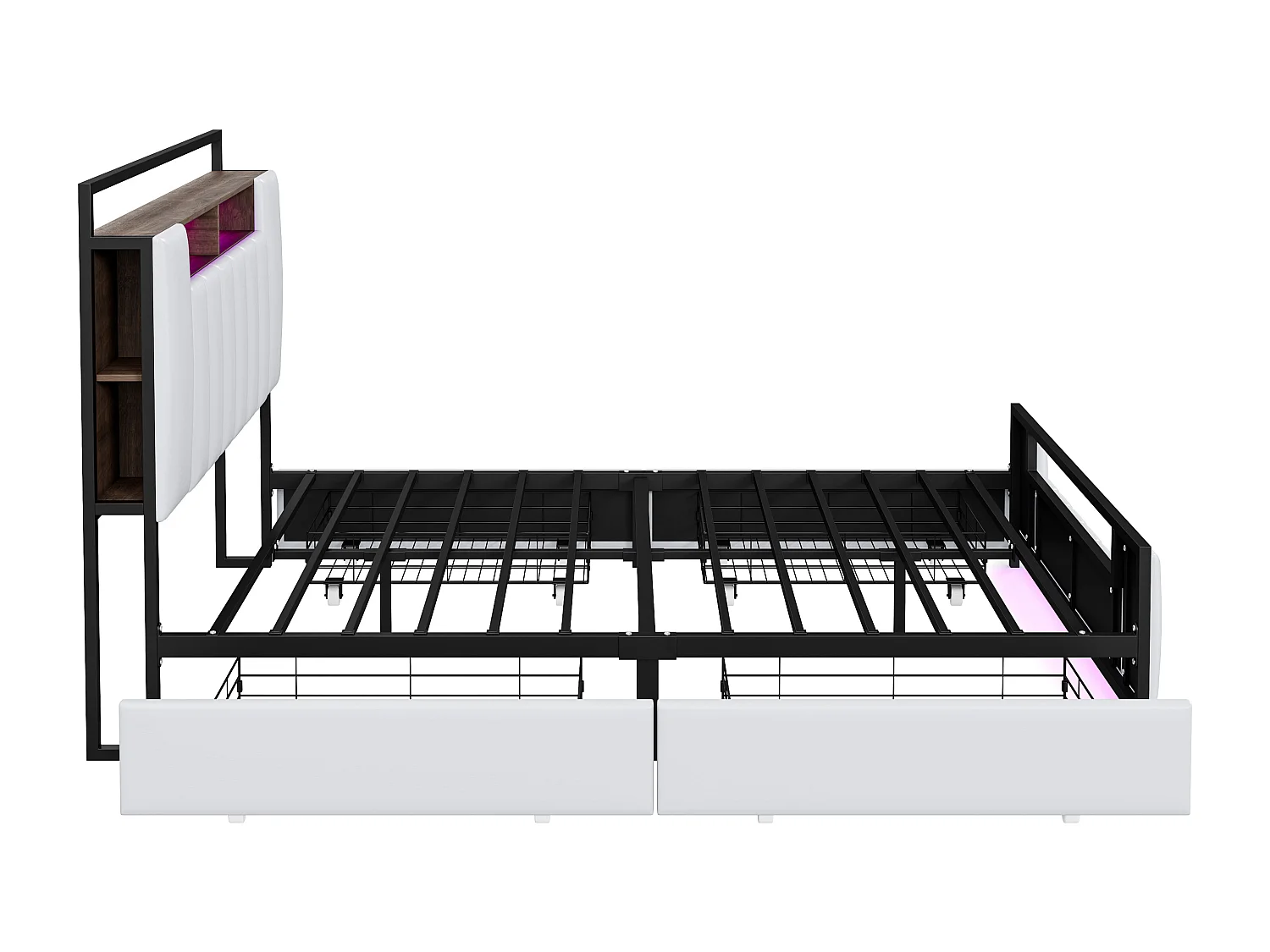 Lit 160 x 200 cm Multifonction avec LED, Port USB, Tiroirs, Cadre en Fer, en Similicuir Blanc