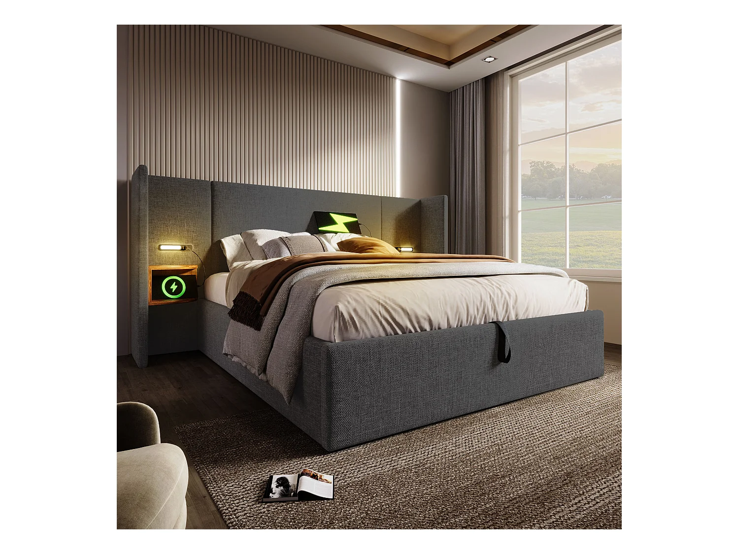 Lit double 180×200 avec table de chevet, lampe de lecture et port USB Type-C, structure en bois massif et métal, gris, lin (sans matelas)