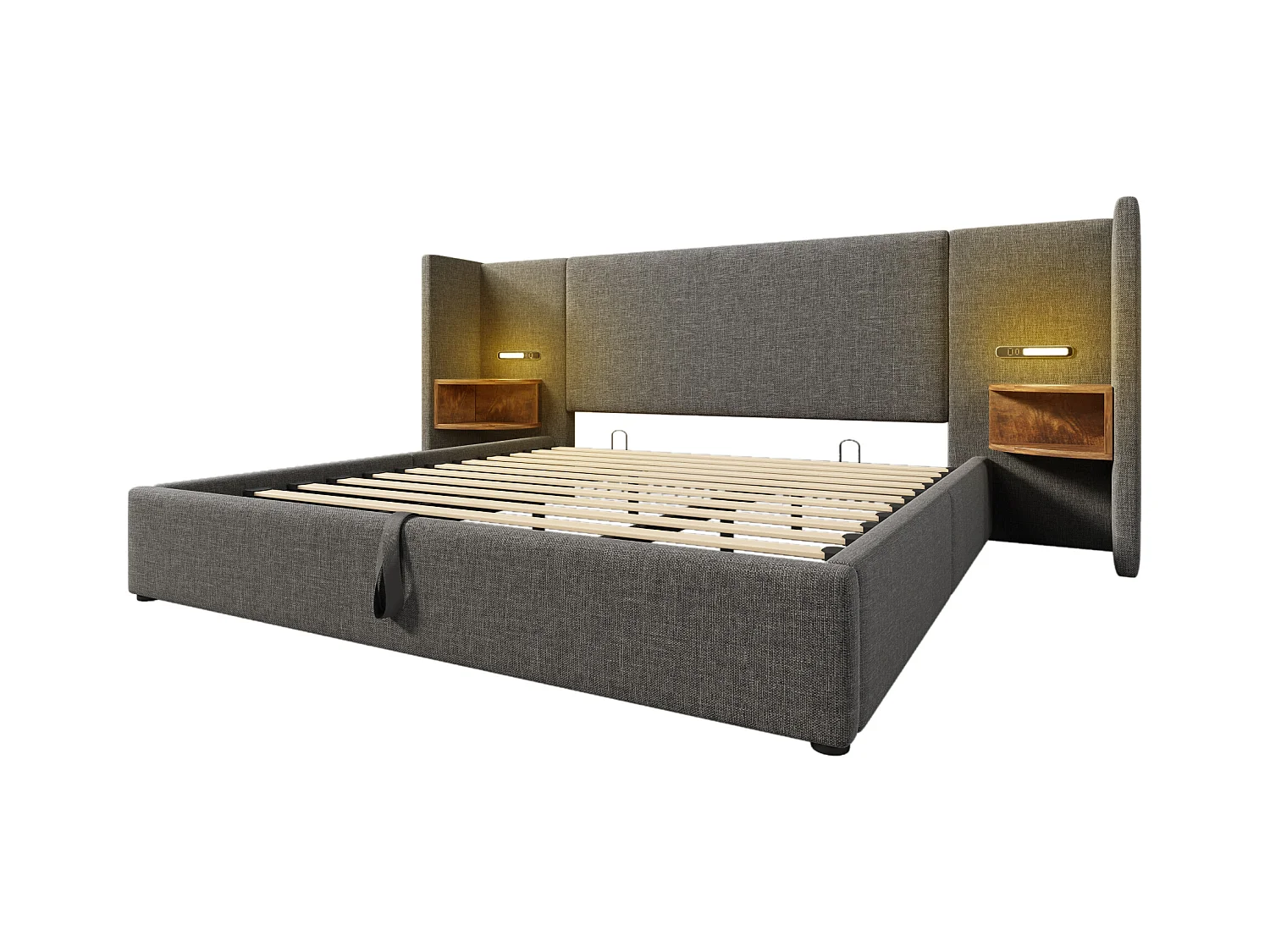 Lit double 180×200 avec table de chevet, lampe de lecture et port USB Type-C, structure en bois massif et métal, gris, lin (sans matelas)