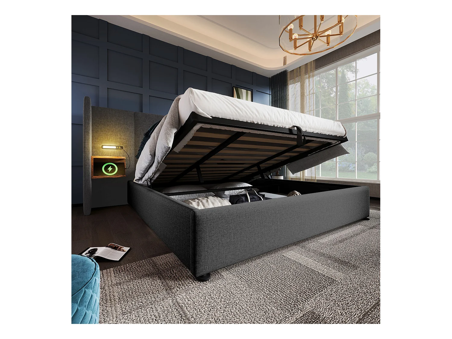 Lit double 180×200 avec table de chevet, lampe de lecture et port USB Type-C, structure en bois massif et métal, gris, lin (sans matelas)