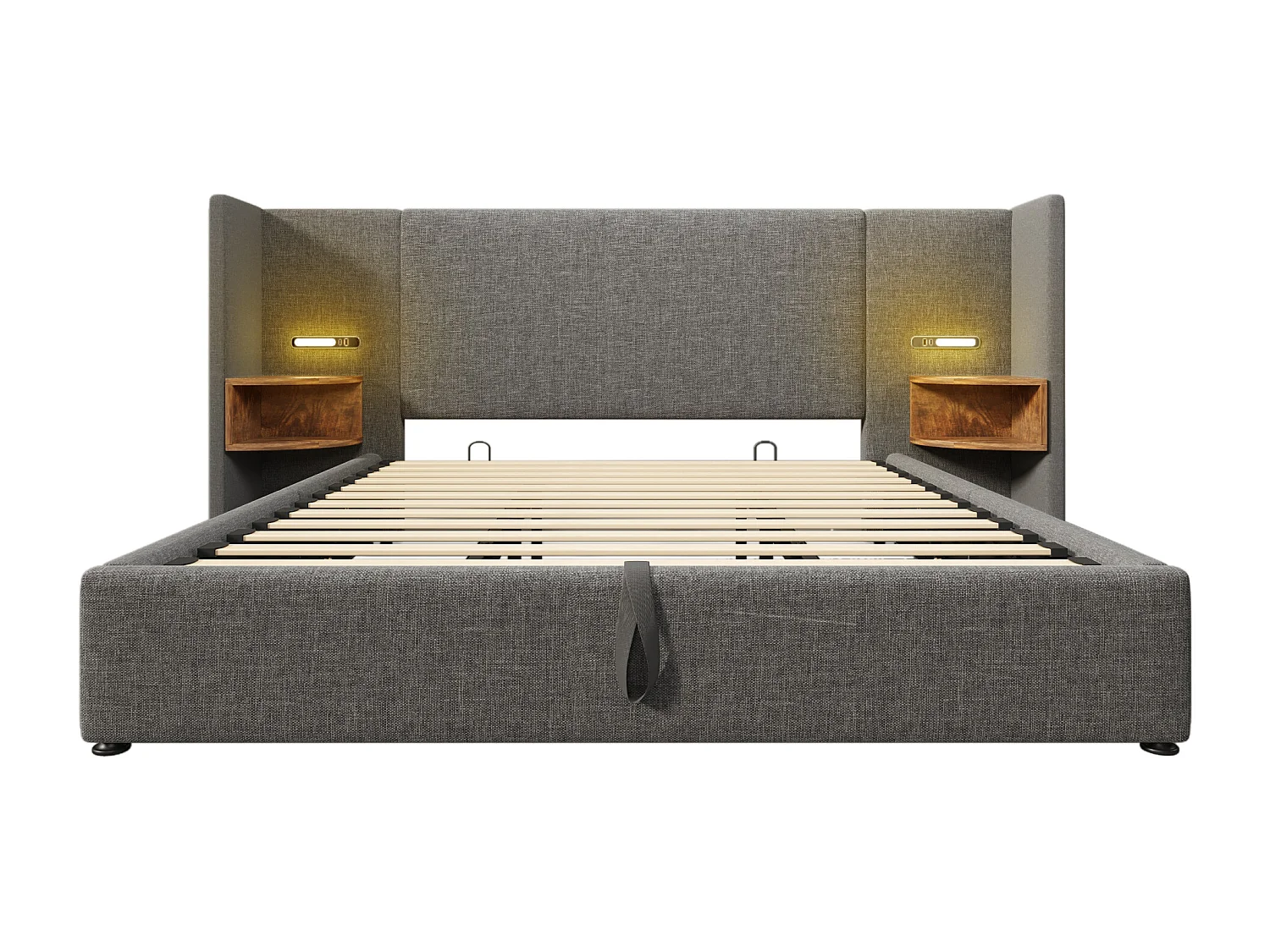 Lit double 180×200 avec table de chevet, lampe de lecture et port USB Type-C, structure en bois massif et métal, gris, lin (sans matelas)