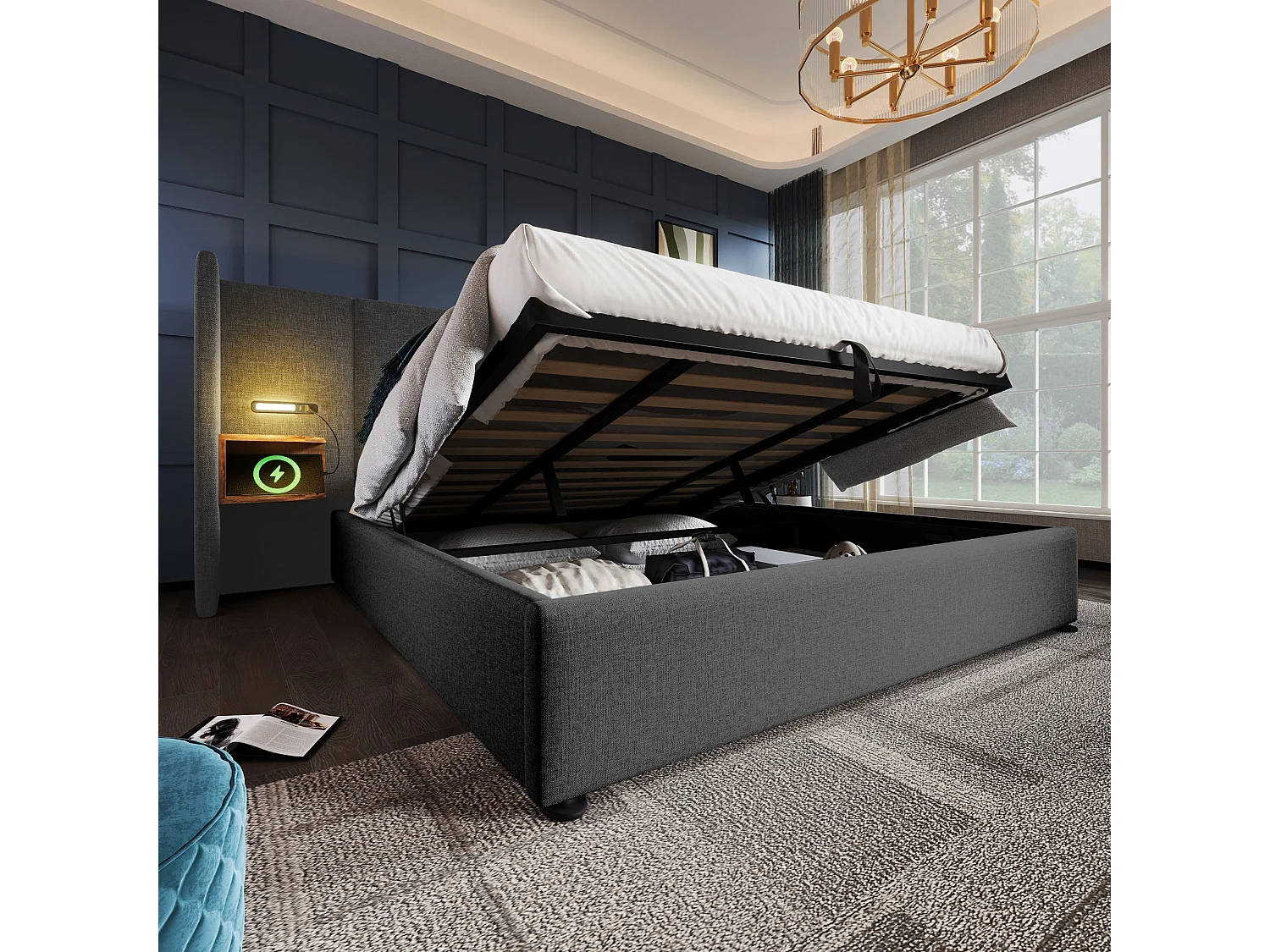 Lit double 180×200 avec table de chevet, lampe de lecture et port USB Type-C, structure en bois massif et métal, gris, lin (sans matelas)