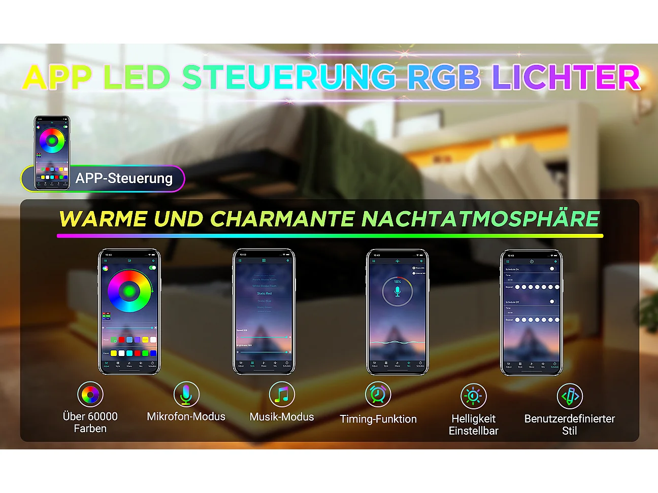 Lit tapissier double 140×200cm : Tête rangement + USB/Typ-C, LED au tête/pied, rangement hydraulique, beige, lin (sans matelas)