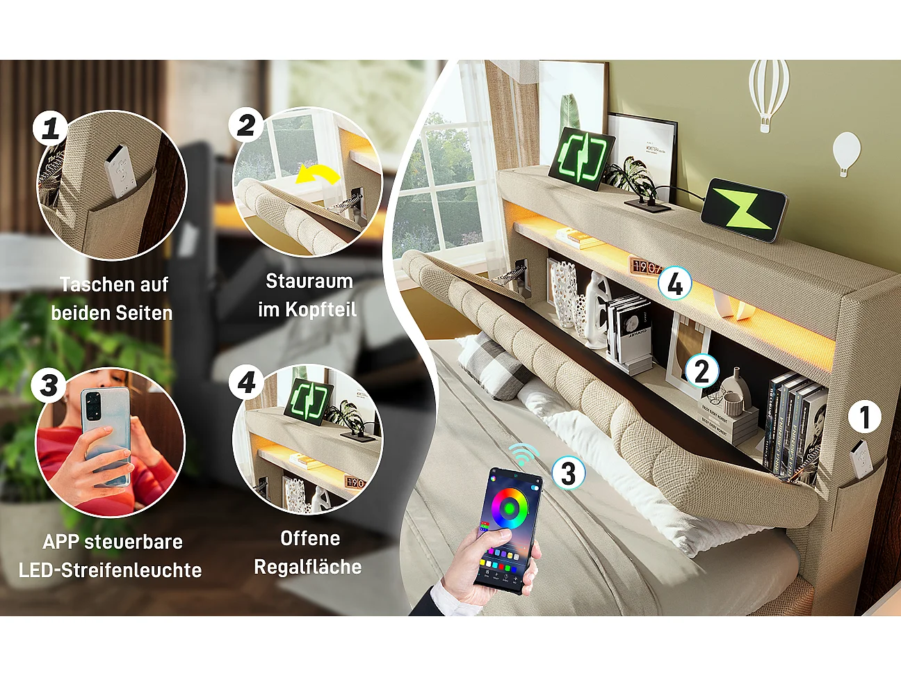 Lit tapissier double 140×200cm : Tête rangement + USB/Typ-C, LED au tête/pied, rangement hydraulique, beige, lin (sans matelas)