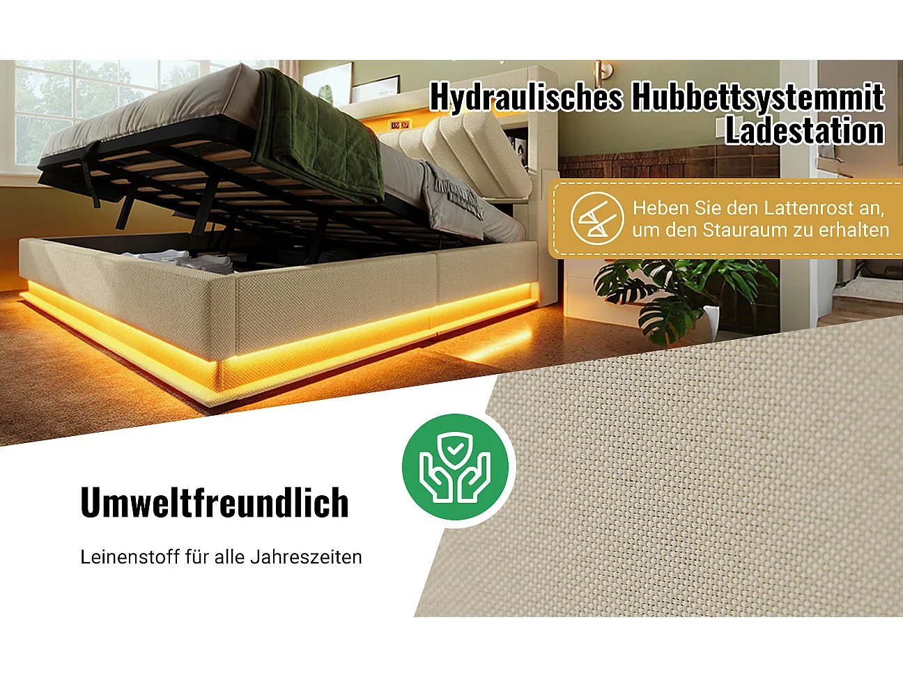 Lit tapissier double 140×200cm : Tête rangement + USB/Typ-C, LED au tête/pied, rangement hydraulique, beige, lin (sans matelas)