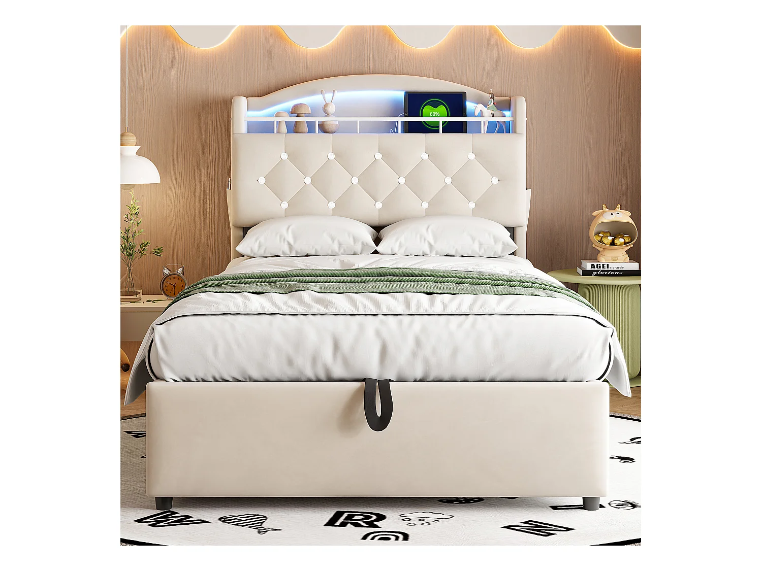 Lit enfant 90x200 cm beige en velours, lit simple multifonction avec rangement, LED et port USB