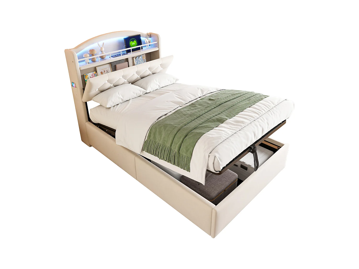Lit enfant 90x200 cm beige en velours, lit simple multifonction avec rangement, LED et port USB