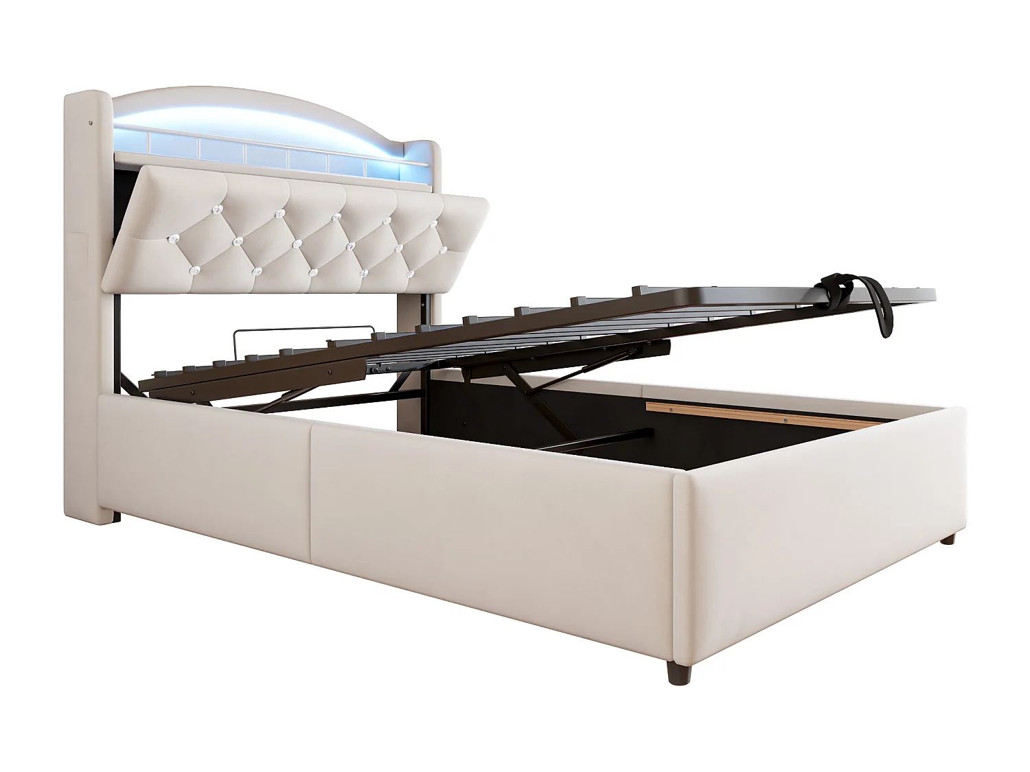 Lit enfant 90x200 cm beige en velours, lit simple multifonction avec rangement, LED et port USB