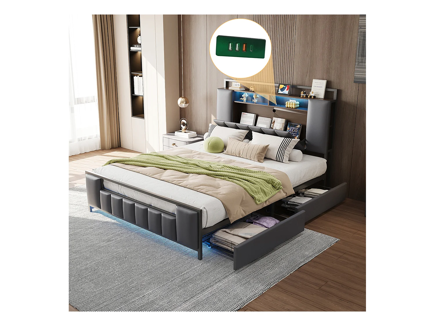 Lit 160 x 200 cm Multifonction avec LED, Port USB, Tiroirs, Cadre en Fer, en Similicuir Gris