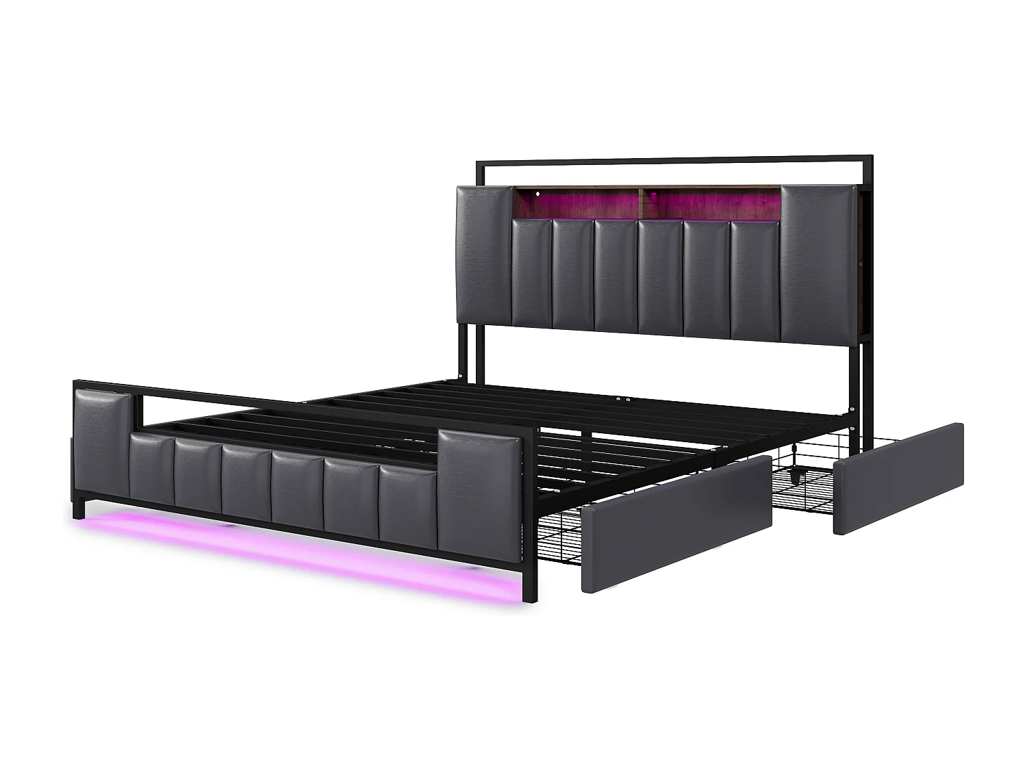 Lit 160 x 200 cm Multifonction avec LED, Port USB, Tiroirs, Cadre en Fer, en Similicuir Gris