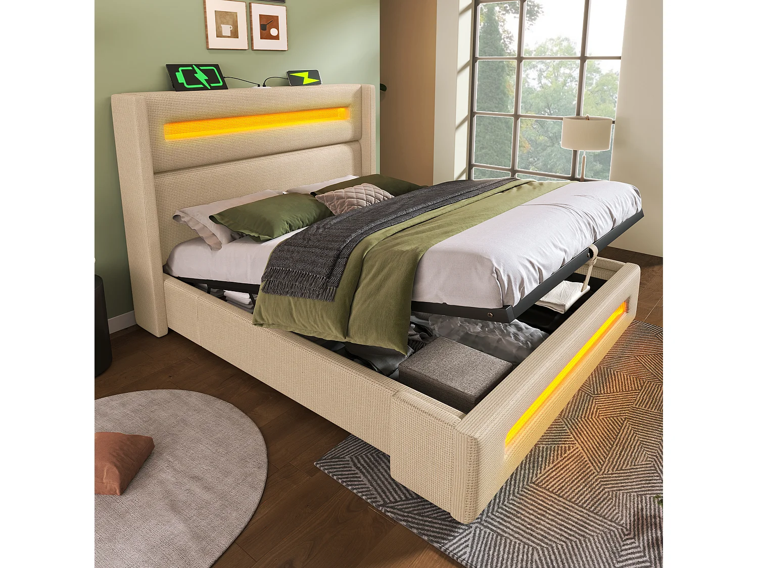 Lit tapissier double ado 160×200cm : LED, rangement hydraulique + USB Type-C, cadre métal + lattes bois, beige, lin (sans matelas)