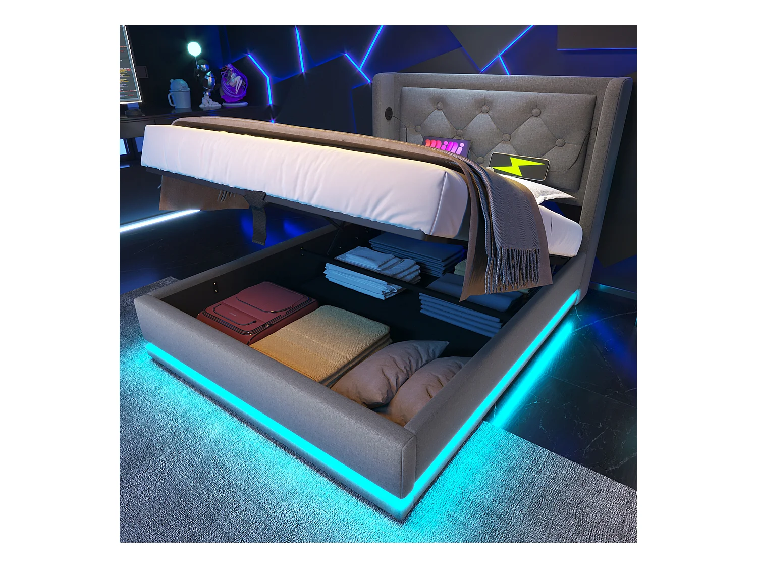 Lit individuel 90x200 cm gris en coton avec LED 3 côtés, tête de lit rembourrée, port USB-C, rangement hydraulique, sans matelas.