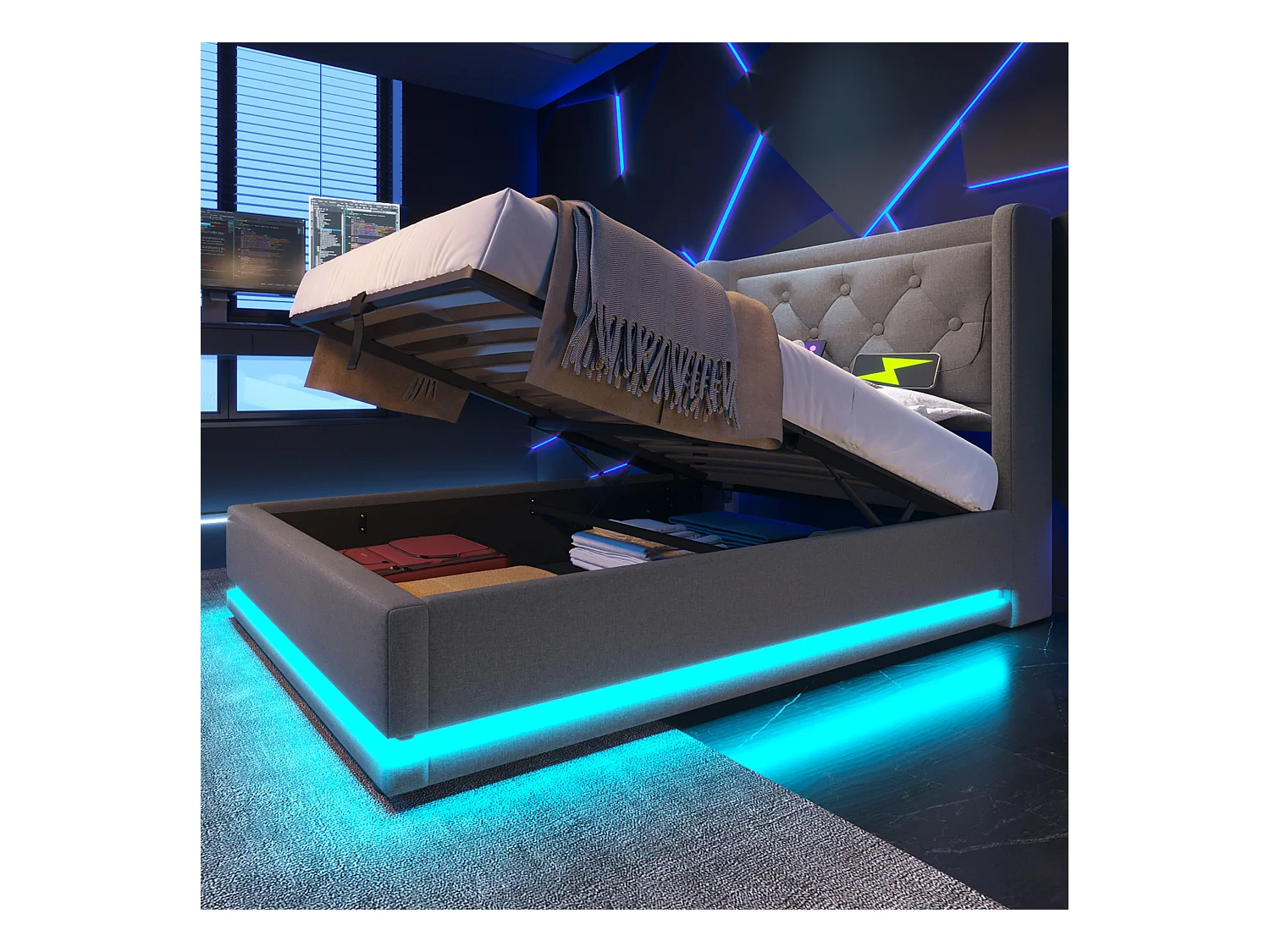 Lit individuel 90x200 cm gris en coton avec LED 3 côtés, tête de lit rembourrée, port USB-C, rangement hydraulique, sans matelas.