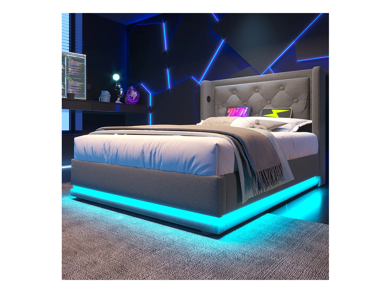 Lit individuel 90x200 cm gris en coton avec LED 3 côtés, tête de lit rembourrée, port USB-C, rangement hydraulique, sans matelas.