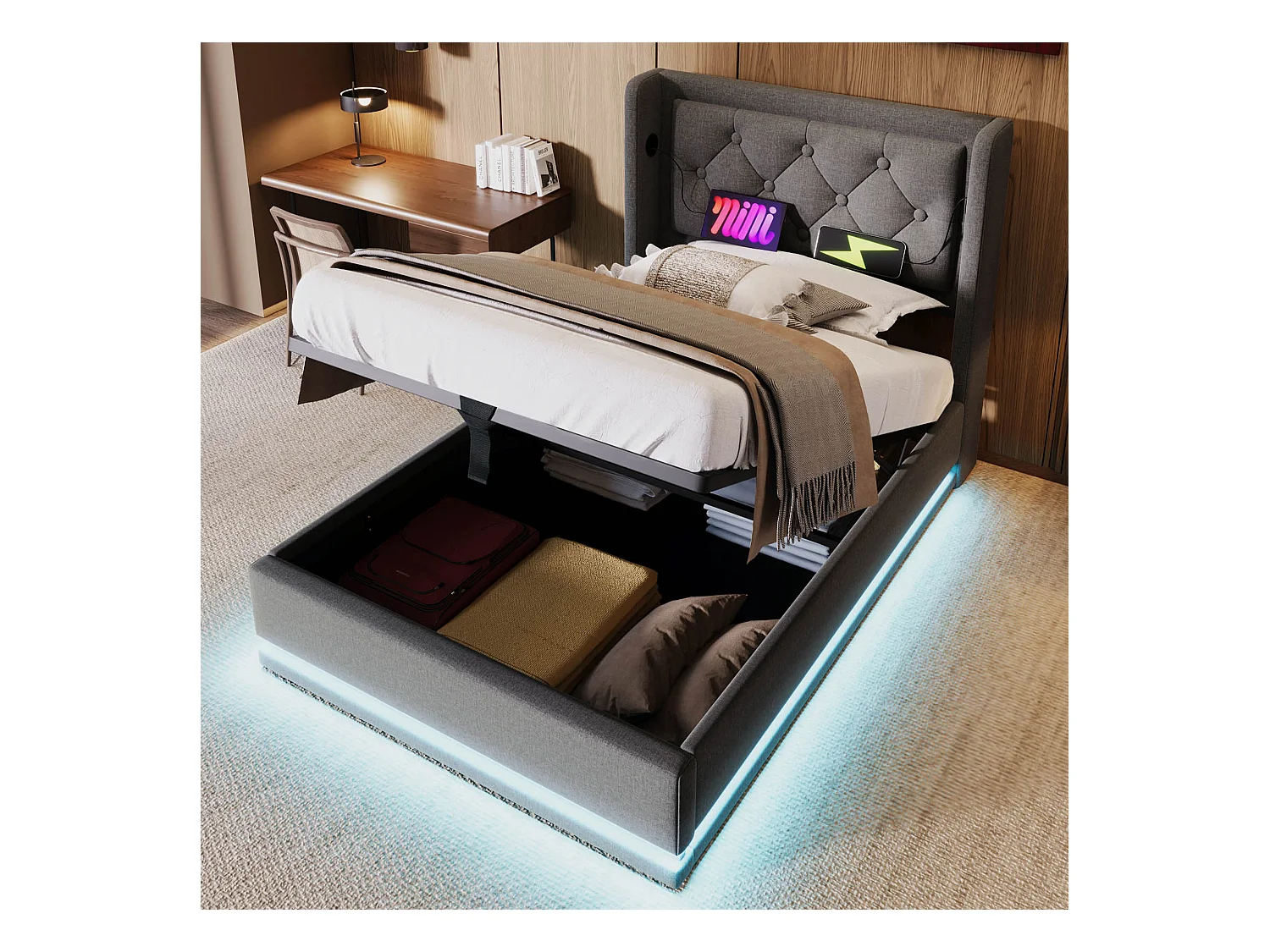 Lit individuel 90x200 cm gris en coton avec LED 3 côtés, tête de lit rembourrée, port USB-C, rangement hydraulique, sans matelas.