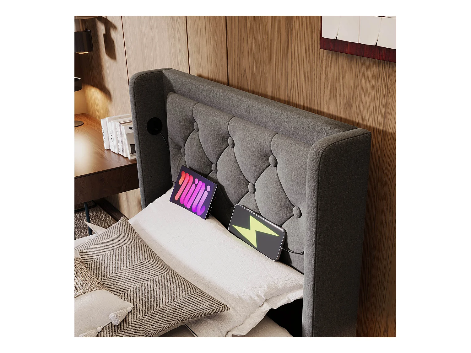 Lit individuel 90x200 cm gris en coton avec LED 3 côtés, tête de lit rembourrée, port USB-C, rangement hydraulique, sans matelas.