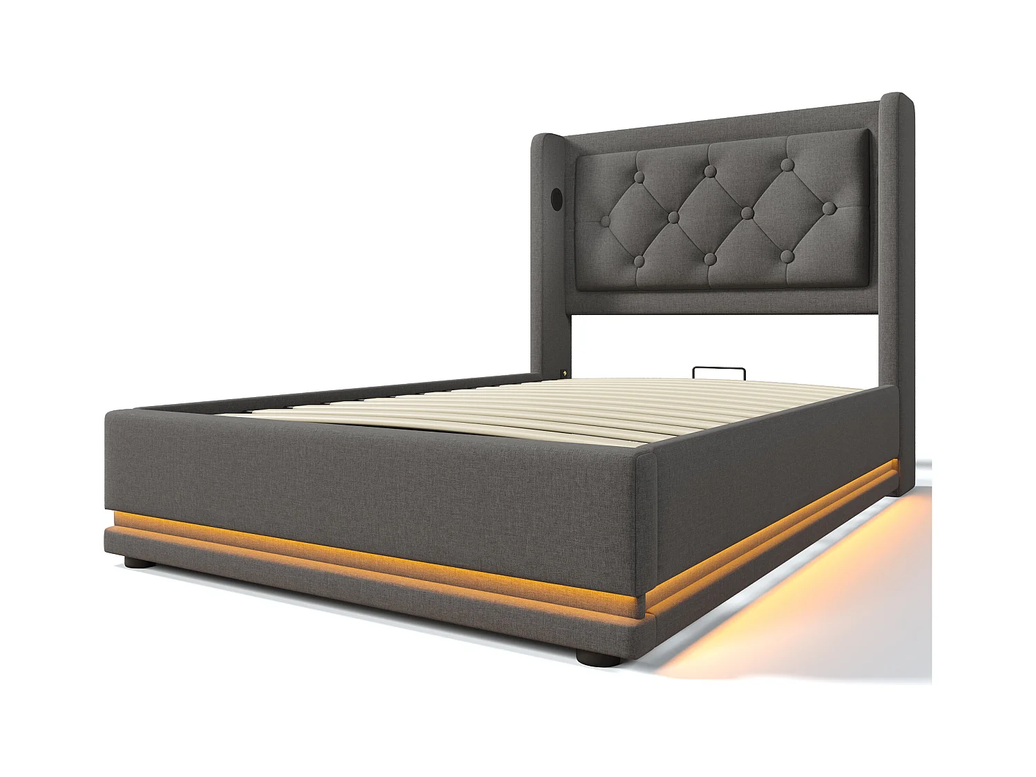 Lit individuel 90x200 cm gris en coton avec LED 3 côtés, tête de lit rembourrée, port USB-C, rangement hydraulique, sans matelas.