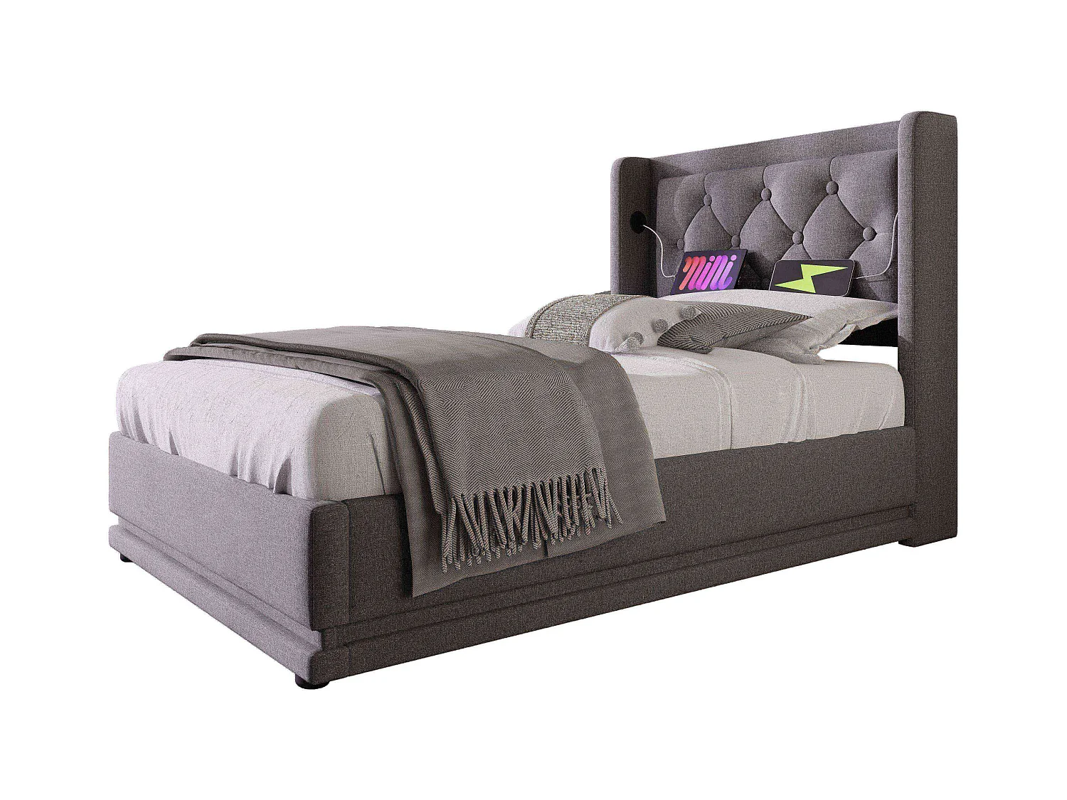 Lit individuel 90x200 cm gris en coton avec LED 3 côtés, tête de lit rembourrée, port USB-C, rangement hydraulique, sans matelas.