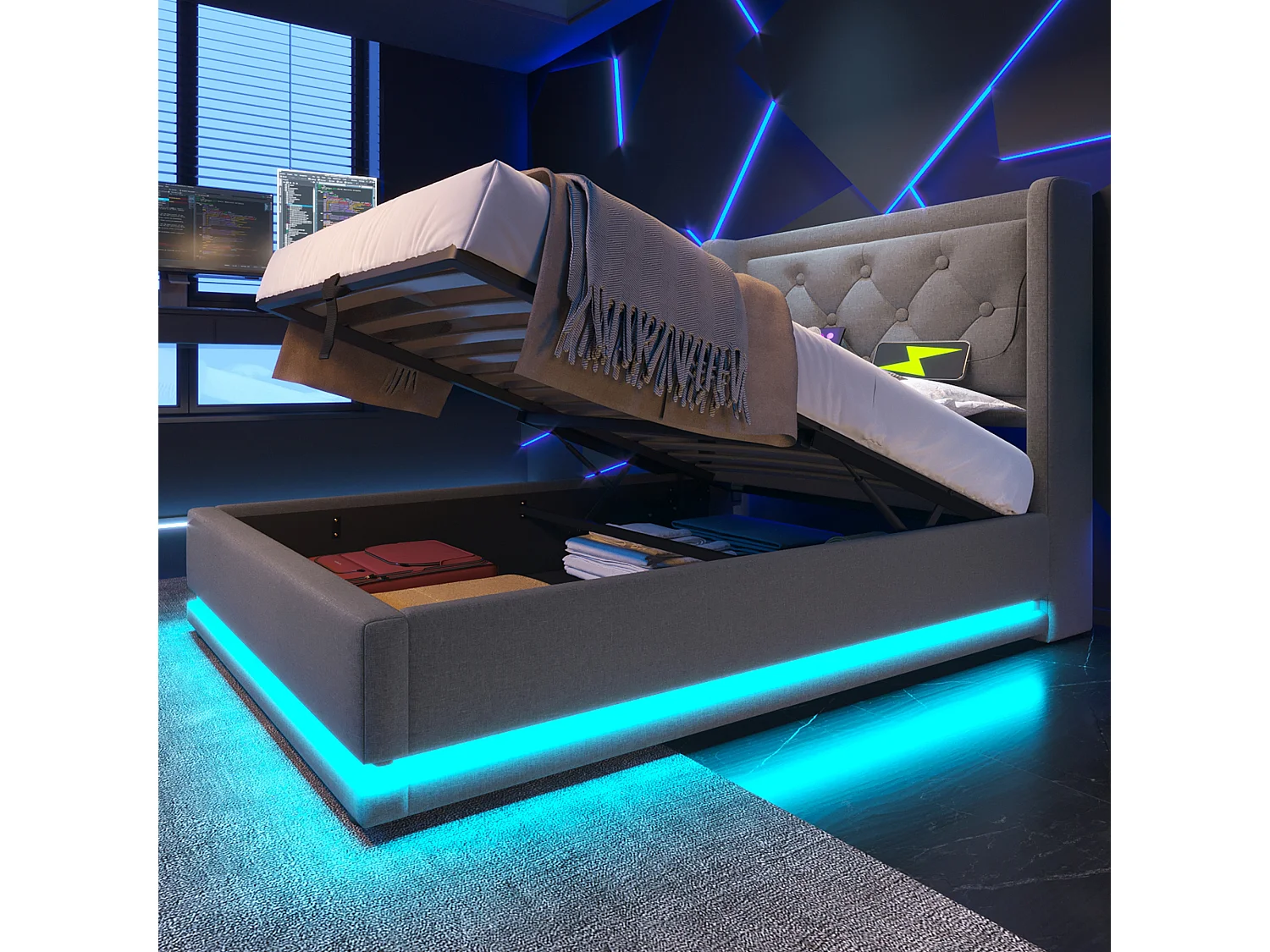 Lit individuel 90x200 cm gris en coton avec LED 3 côtés, tête de lit rembourrée, port USB-C, rangement hydraulique, sans matelas.