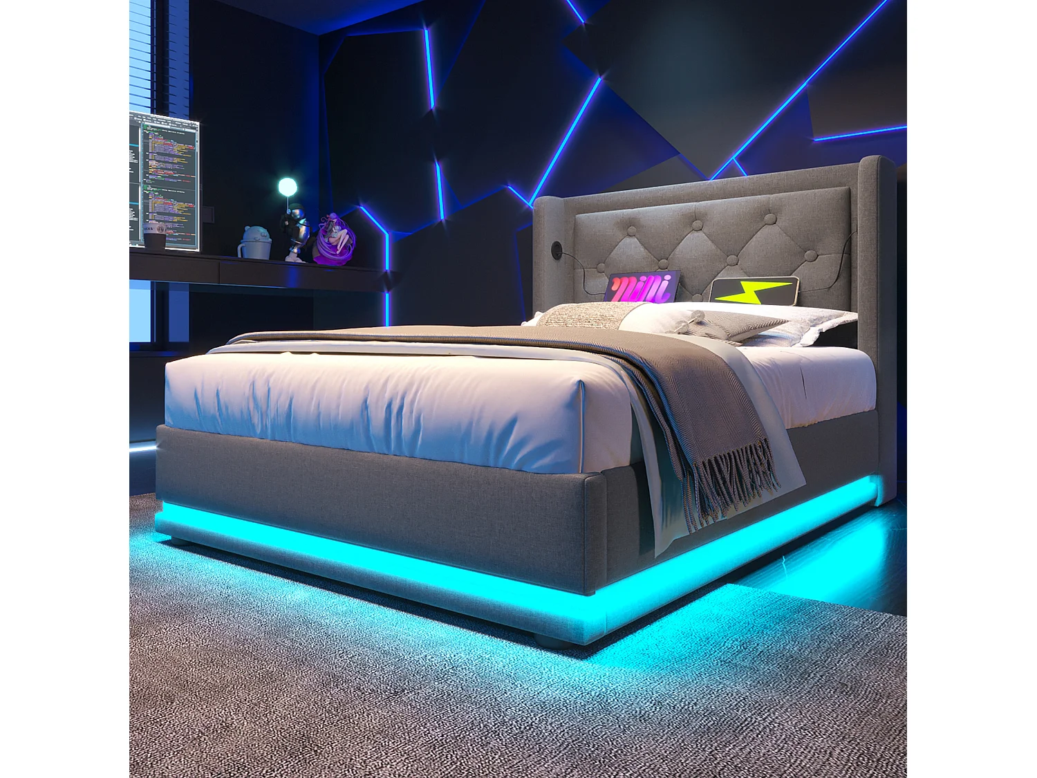 Lit individuel 90x200 cm gris en coton avec LED 3 côtés, tête de lit rembourrée, port USB-C, rangement hydraulique, sans matelas.