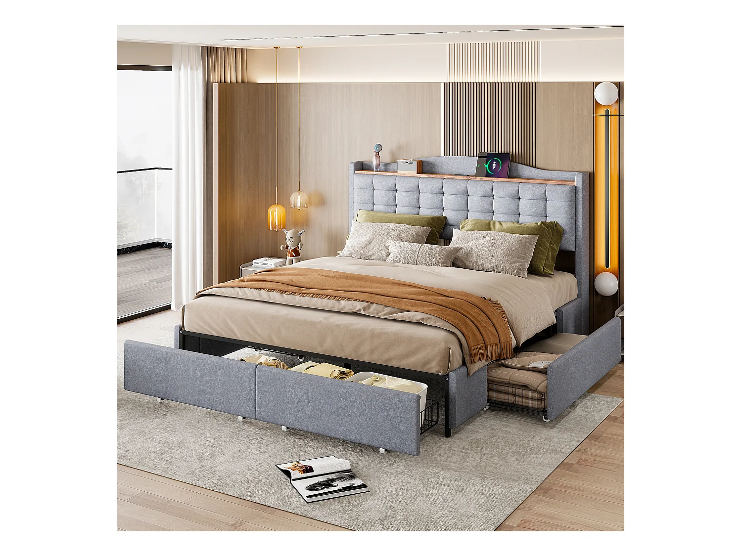 Lit Polster 160 x 200 cm, table de nuit avec port USB et étagère, lit double avec 4 tiroirs, tissu en lin gris.