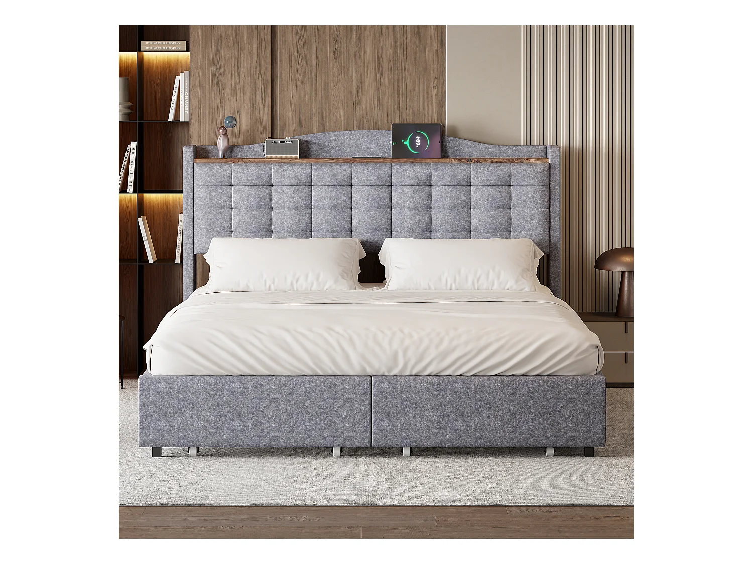 Lit Polster 160 x 200 cm, table de nuit avec port USB et étagère, lit double avec 4 tiroirs, tissu en lin gris.