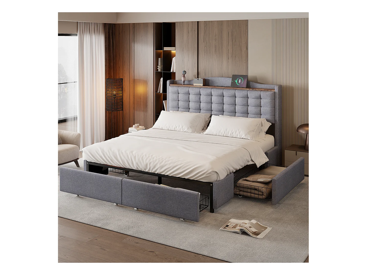 Lit Polster 160 x 200 cm, table de nuit avec port USB et étagère, lit double avec 4 tiroirs, tissu en lin gris.