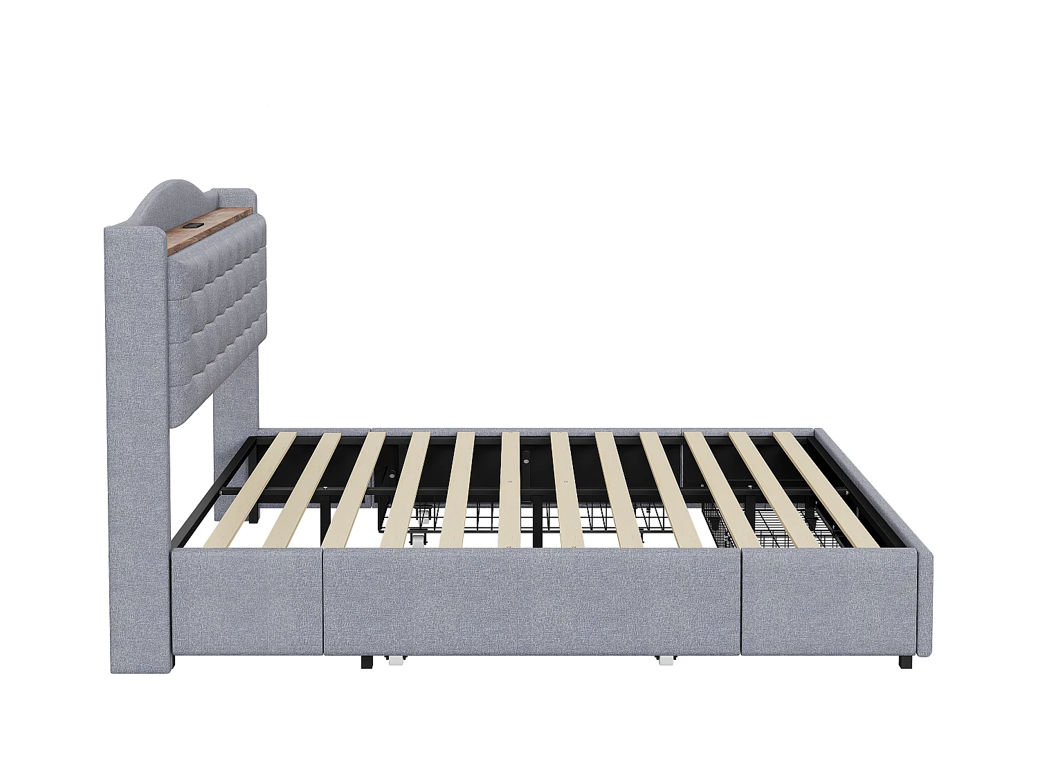 Lit Polster 160 x 200 cm, table de nuit avec port USB et étagère, lit double avec 4 tiroirs, tissu en lin gris.