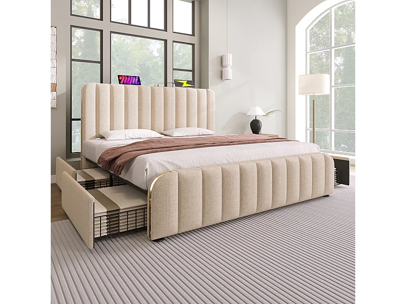 Lit double 180x200 avec tête rembourrée, bandes dorées, USB Type-C, lin beige, 4 tiroirs, capacité 226 kg (sans matelas)