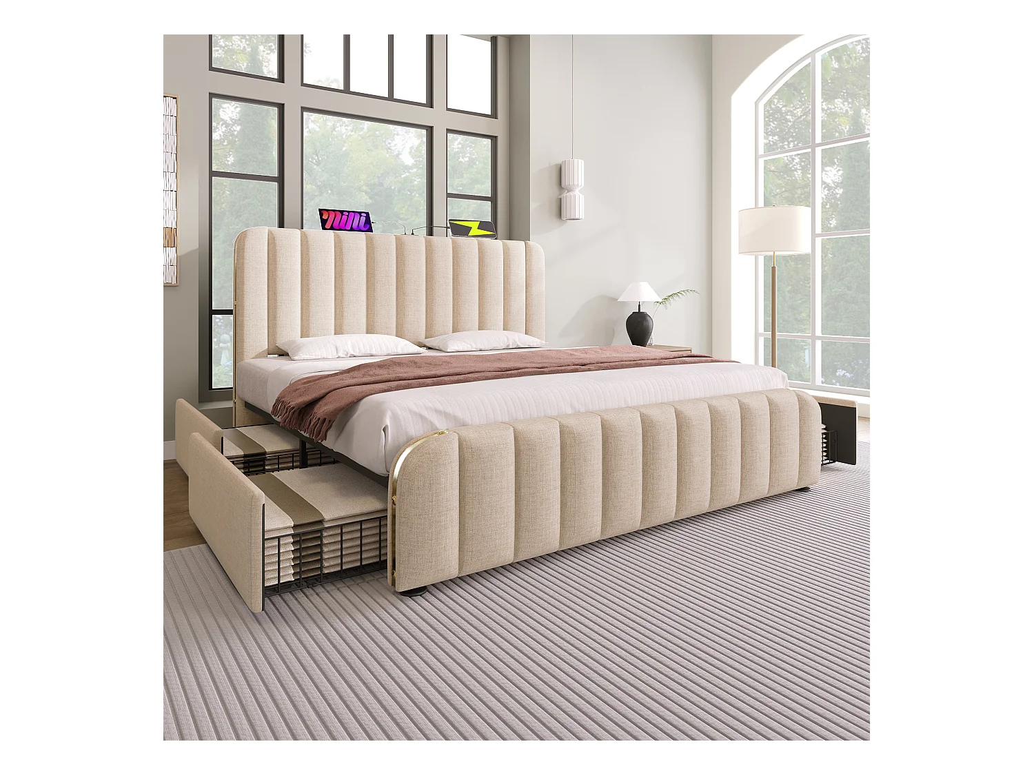 Lit double 180x200 avec tête rembourrée, bandes dorées, USB Type-C, lin beige, 4 tiroirs, capacité 226 kg (sans matelas)