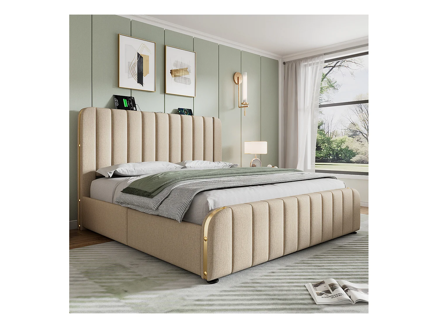 Lit double 180x200 avec tête rembourrée, bandes dorées, USB Type-C, lin beige, 4 tiroirs, capacité 226 kg (sans matelas)