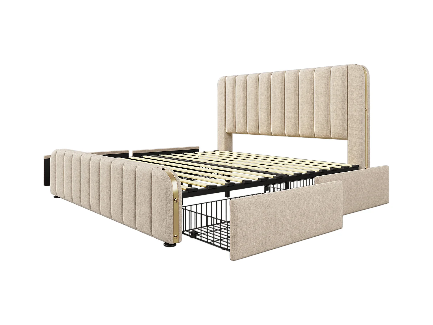 Lit double 180x200 avec tête rembourrée, bandes dorées, USB Type-C, lin beige, 4 tiroirs, capacité 226 kg (sans matelas)