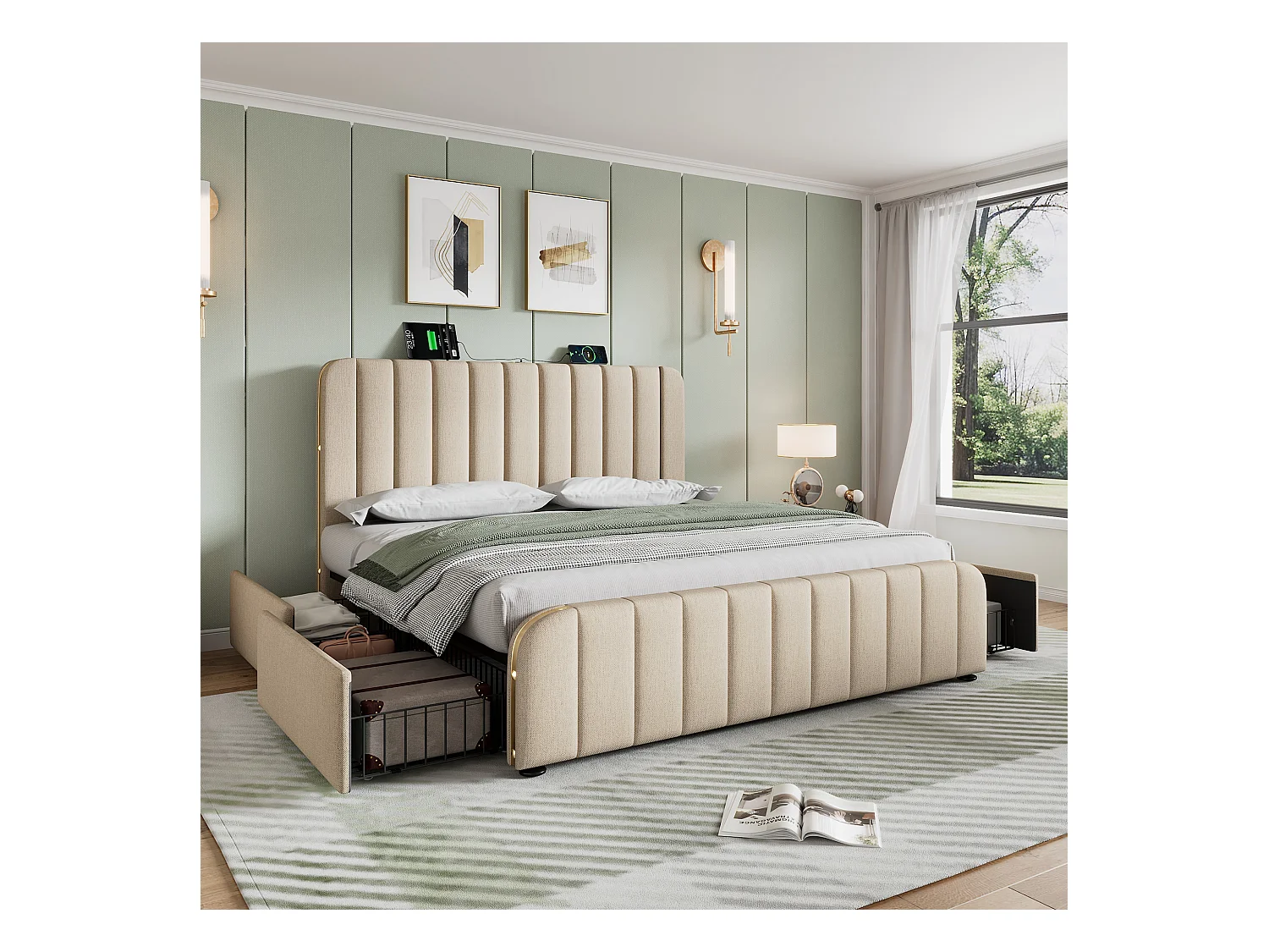 Lit double 180x200 avec tête rembourrée, bandes dorées, USB Type-C, lin beige, 4 tiroirs, capacité 226 kg (sans matelas)