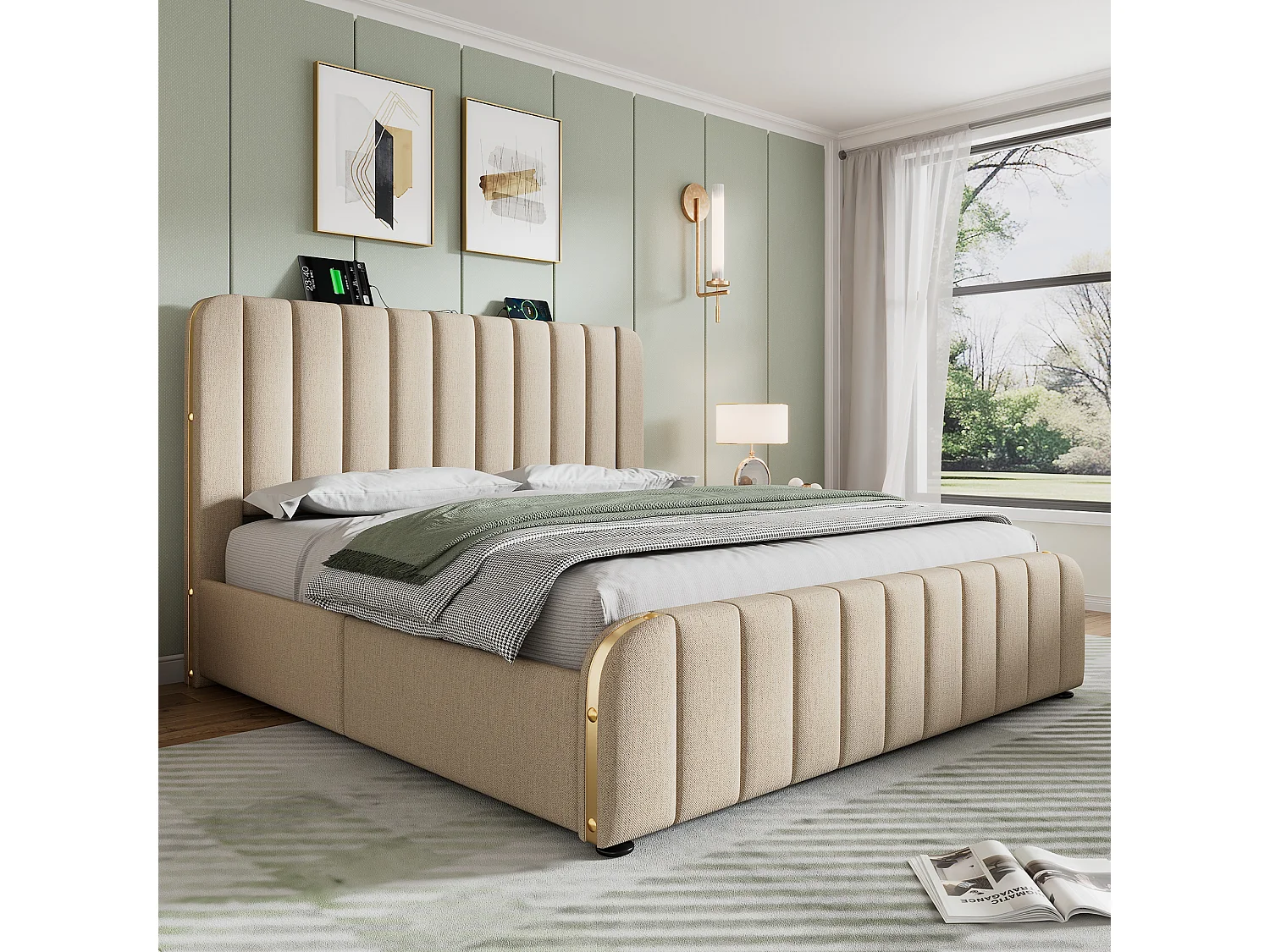 Lit double 180x200 avec tête rembourrée, bandes dorées, USB Type-C, lin beige, 4 tiroirs, capacité 226 kg (sans matelas)