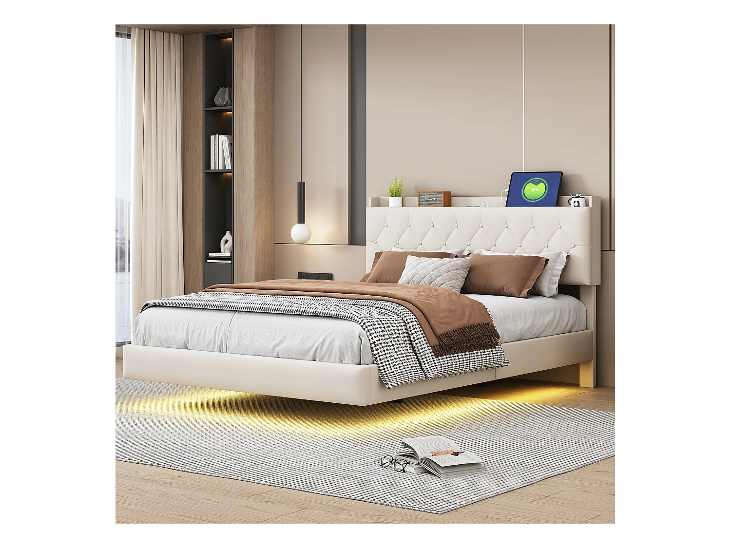 Lit Polster 140 x 200 cm avec port USB et bande LED à changement de couleur, lit double en tissu lin doux avec sommier, beige.