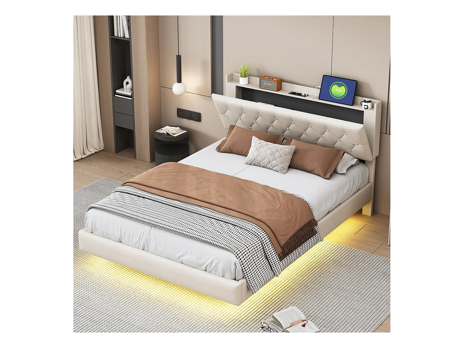 Lit Polster 140 x 200 cm avec port USB et bande LED à changement de couleur, lit double en tissu lin doux avec sommier, beige.