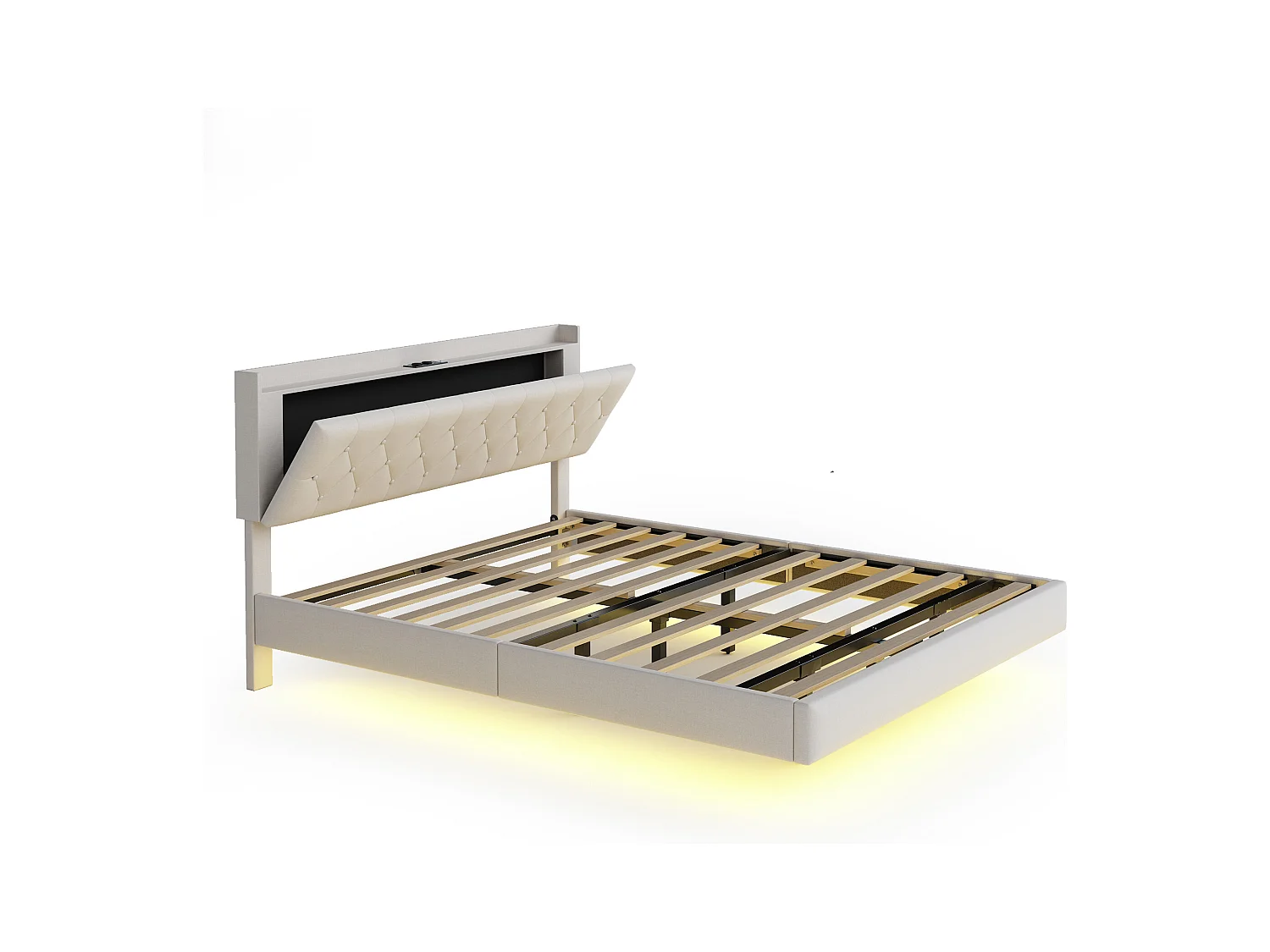 Lit Polster 140 x 200 cm avec port USB et bande LED à changement de couleur, lit double en tissu lin doux avec sommier, beige.