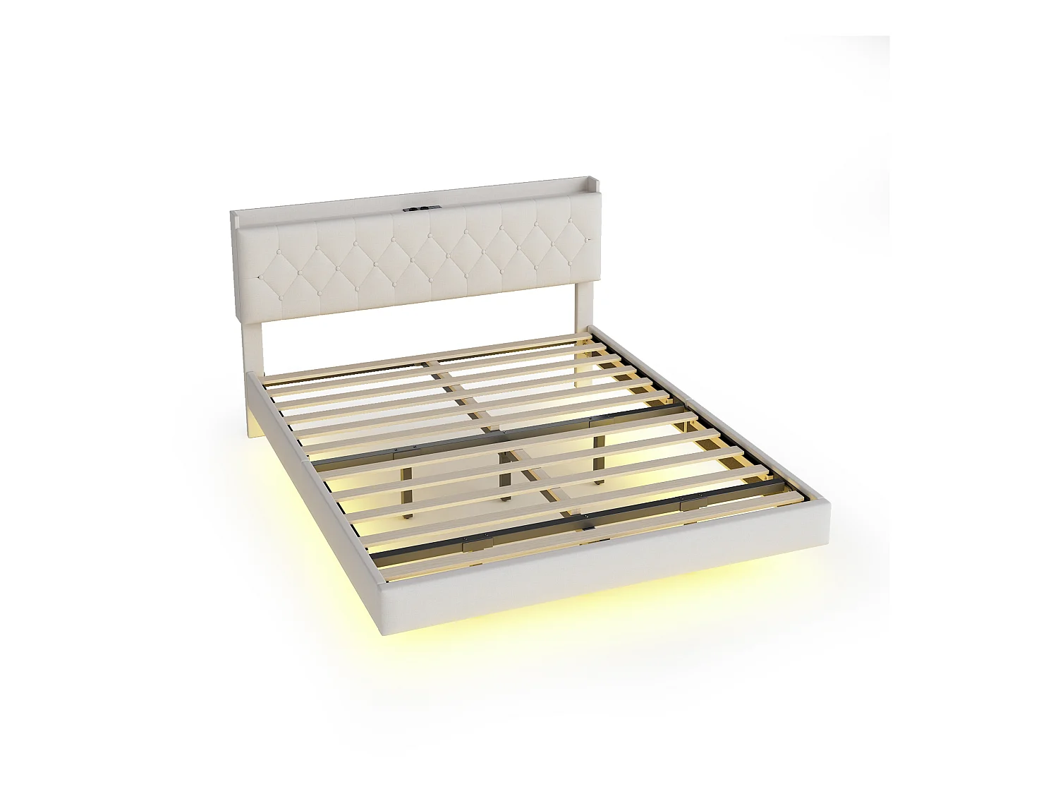 Lit Polster 140 x 200 cm avec port USB et bande LED à changement de couleur, lit double en tissu lin doux avec sommier, beige.