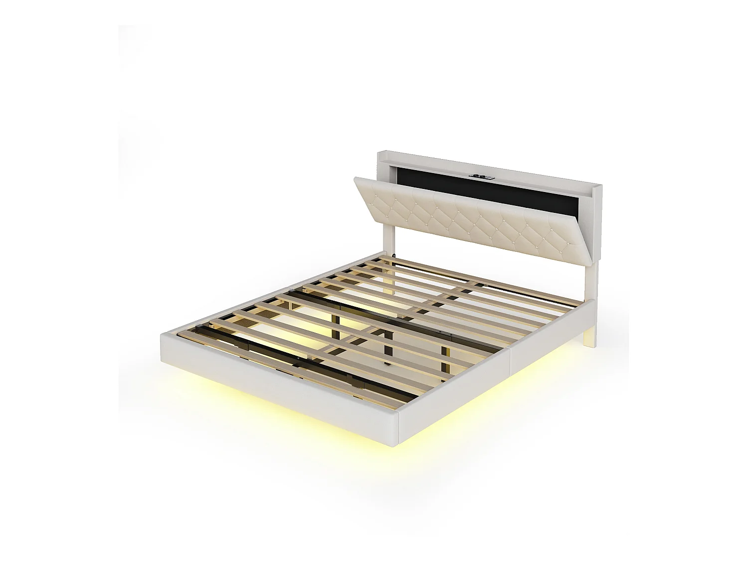 Lit Polster 140 x 200 cm avec port USB et bande LED à changement de couleur, lit double en tissu lin doux avec sommier, beige.