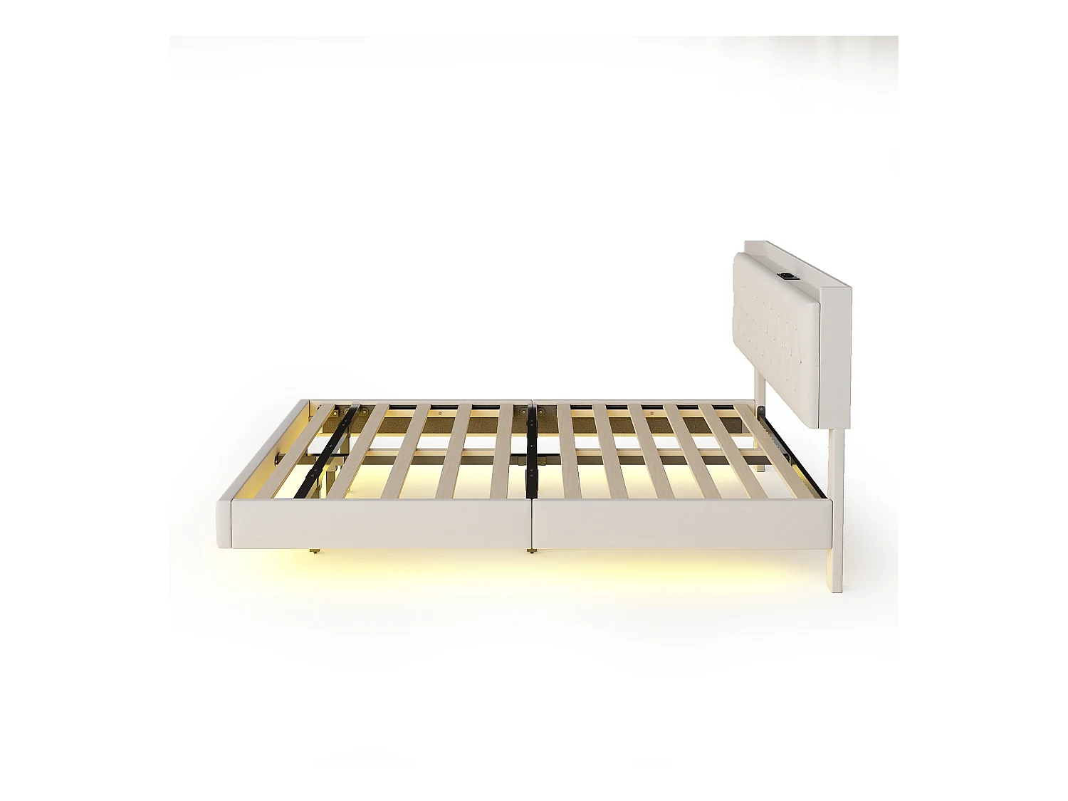 Lit Polster 140 x 200 cm avec port USB et bande LED à changement de couleur, lit double en tissu lin doux avec sommier, beige.