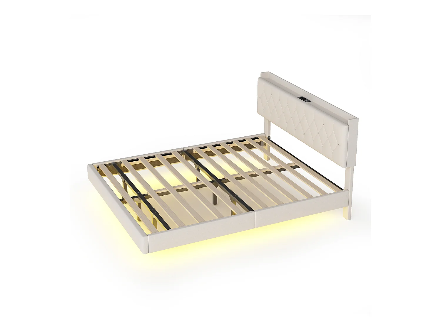 Lit Polster 140 x 200 cm avec port USB et bande LED à changement de couleur, lit double en tissu lin doux avec sommier, beige.